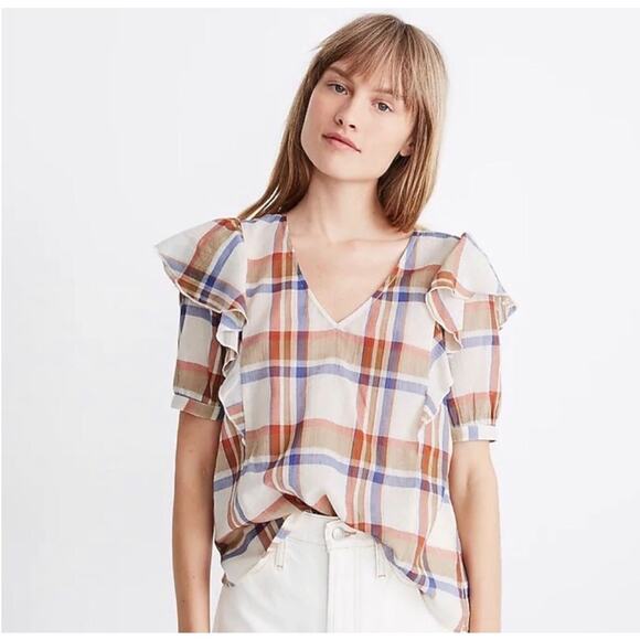 Madewell V Neck Shoulder Ruffle Top Blouse Shady Plaid Rusted Tin Small EUC - Picture 1 of 11